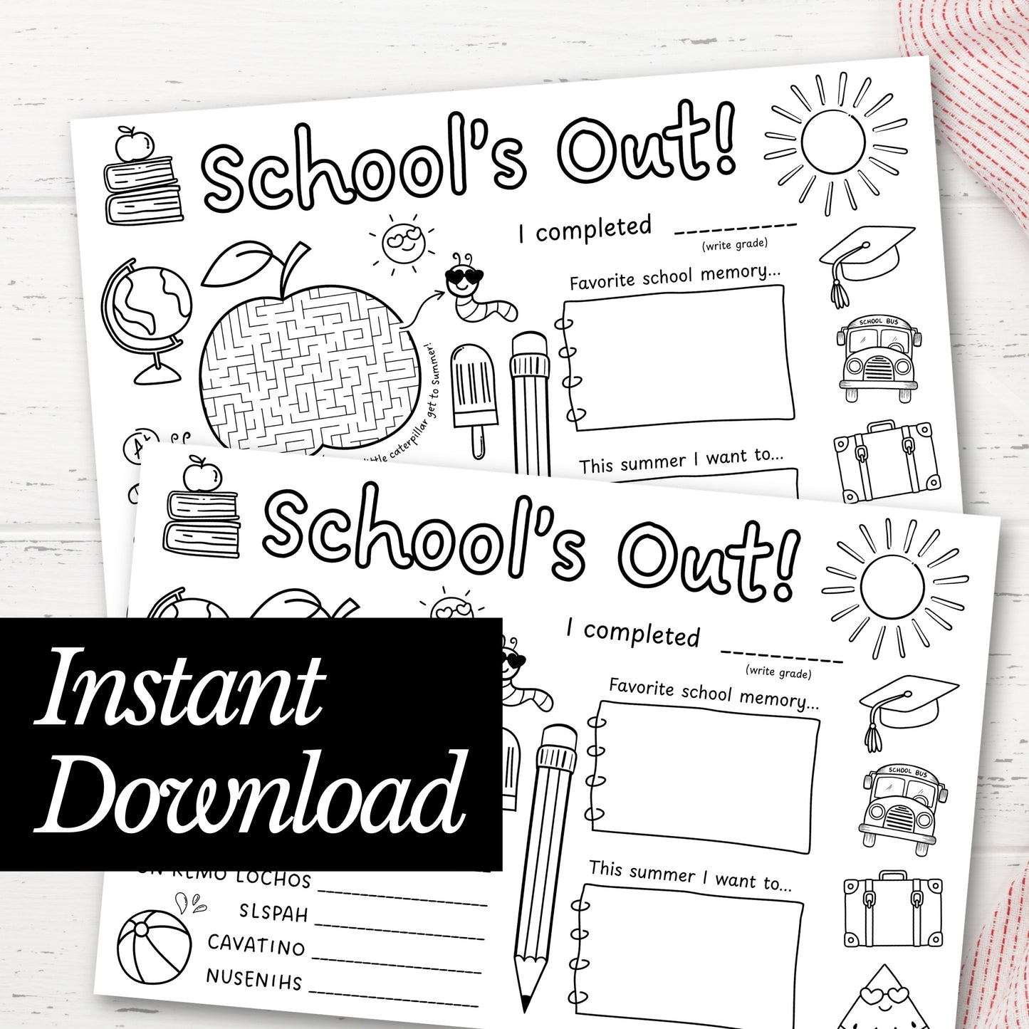 Free School's Out Coloring Page Placemat Instant Download