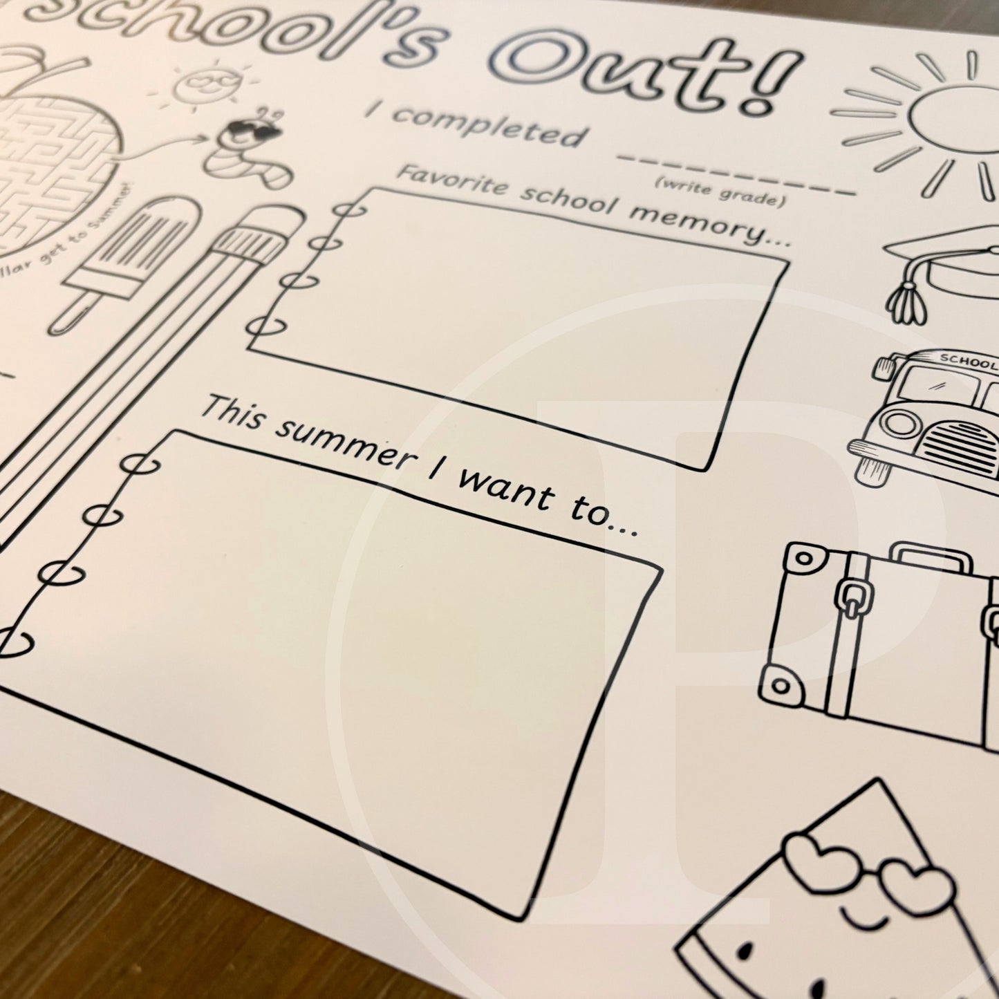 Free School's Out Coloring Page Placemat Instant Download