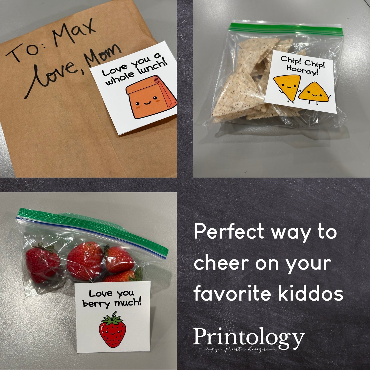 Collage of lunchbox notes and snacks with Printology branding