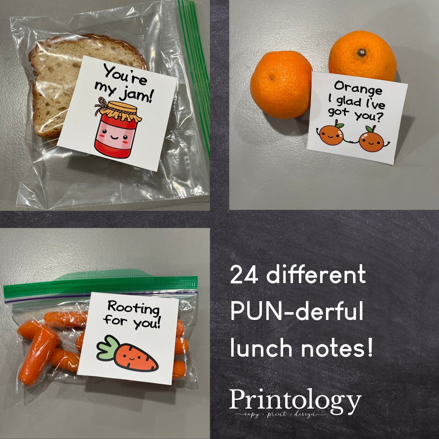 lunch box notes with humorous puns on a gray background, featuring Printology branding.