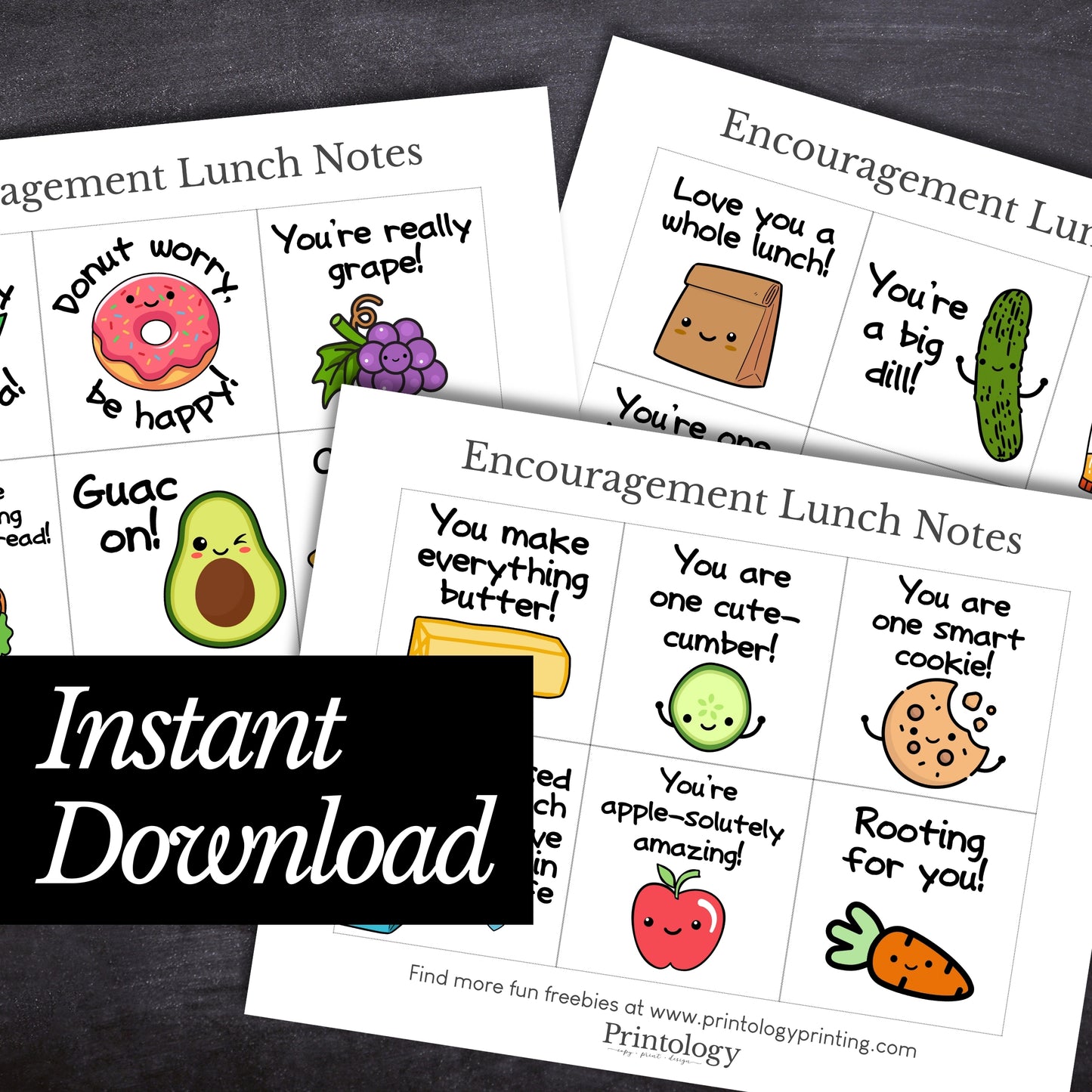 Encouragement lunch notes with cartoon food characters on a dark surface, featuring 'Instant Download' text.