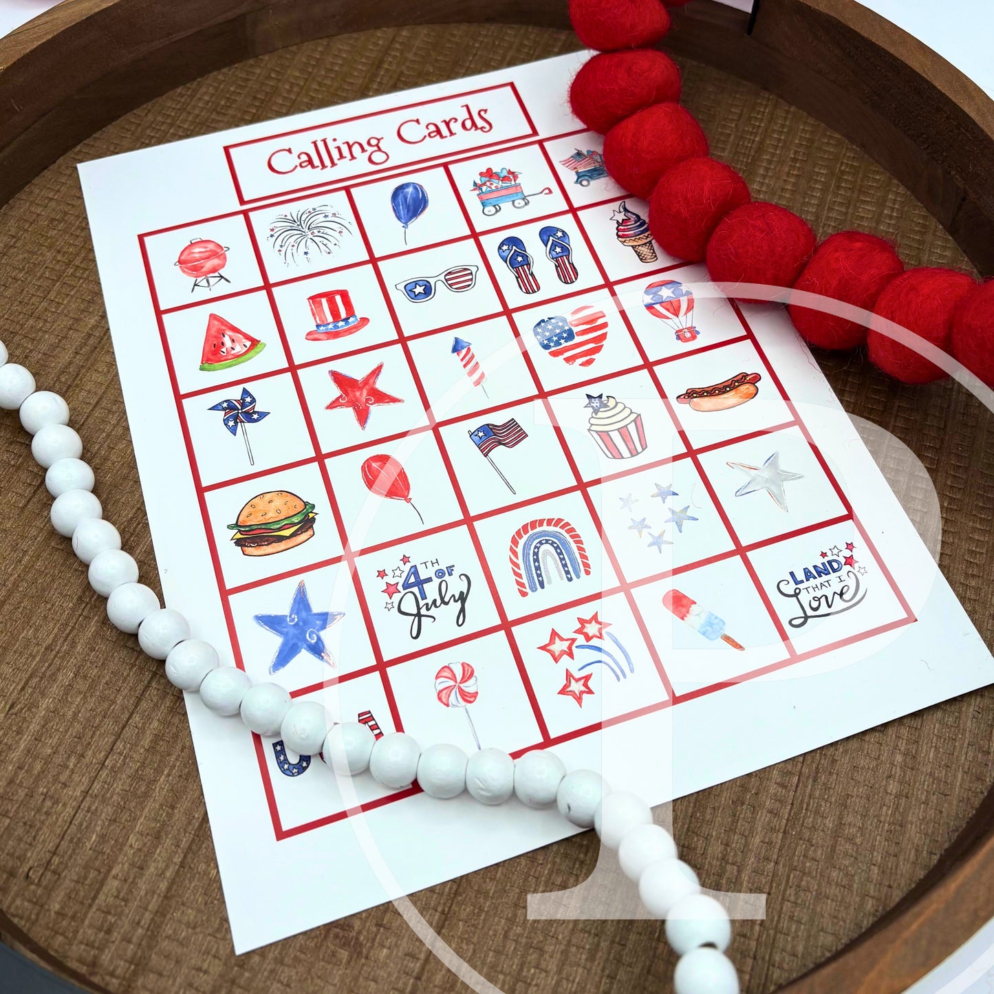American USA patriotic Bingo game with fireworks, watermelon, hot air balloons, and American flag graphics! Perfect for the 4th of July/Independence Day, Memorial Day, President's Day, and Summer gatherings! Printed product or digital download available.