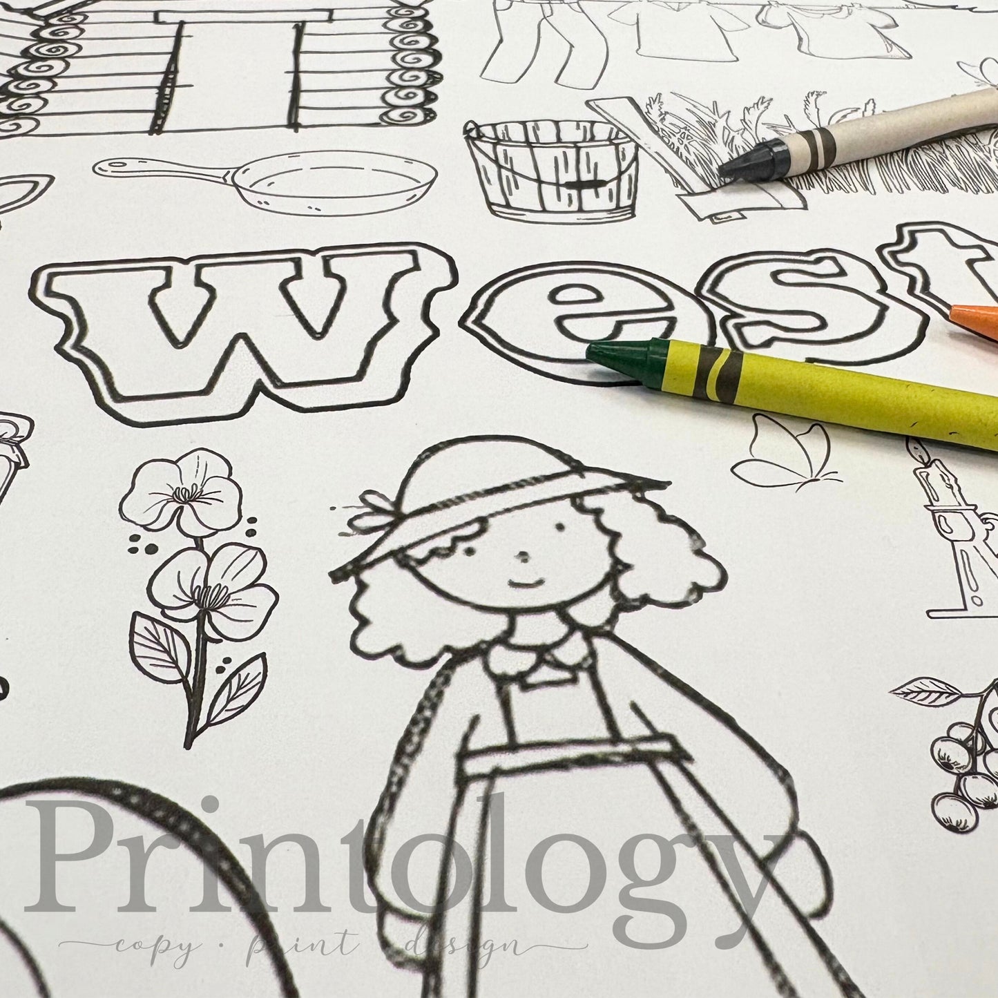 Pioneer coloring sheet girl, flowers, and the words 'Westward, Ho!' in a background.