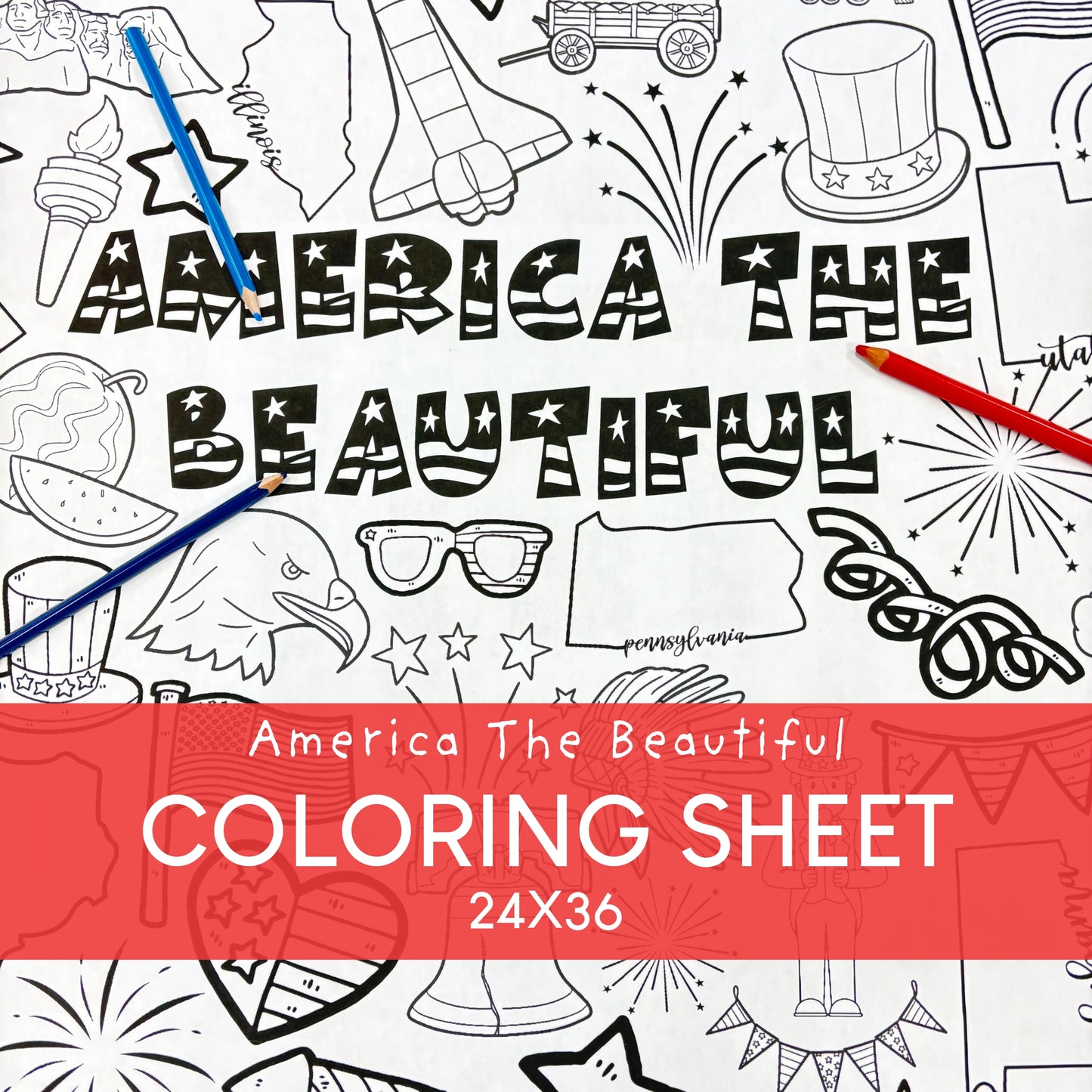 Giant coloring sheet festive independence day fun with fireworks, eagles, flags, food, and other fun illustrations!
Printology American Fork Utah available for instant download or purchase