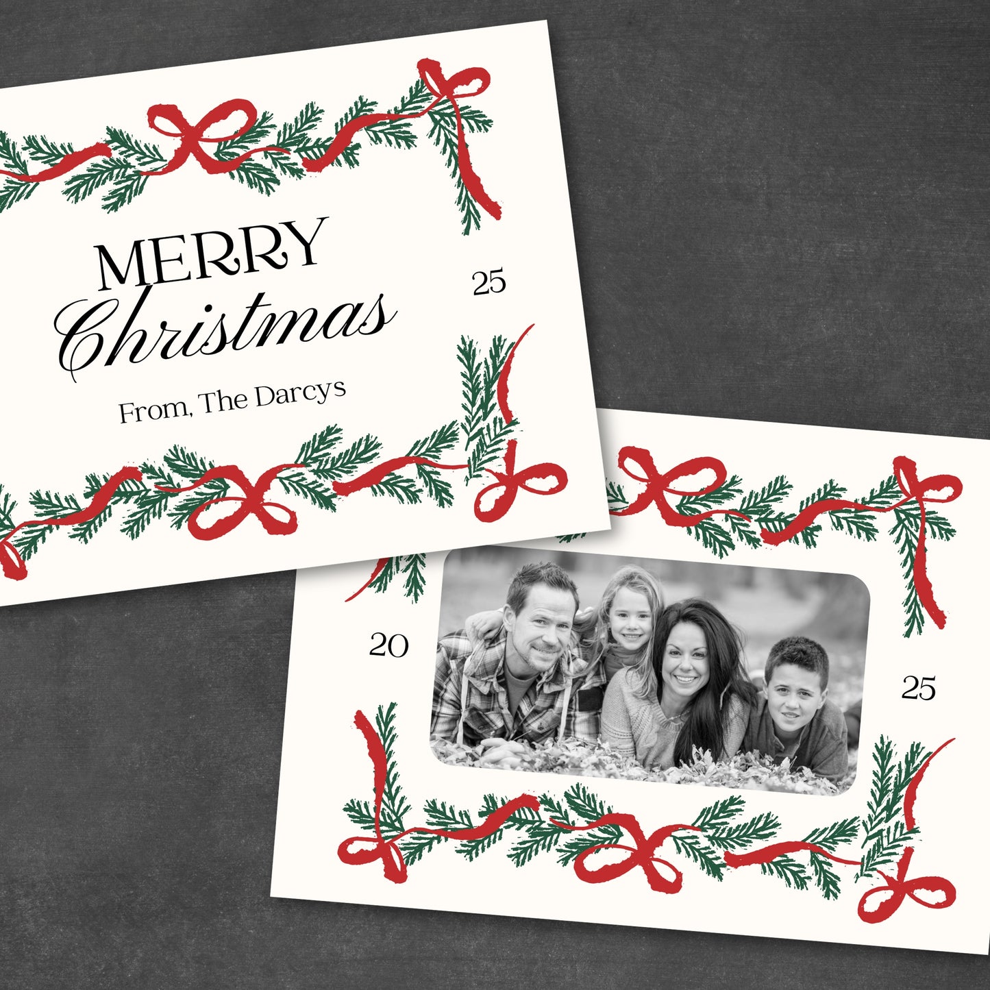 Christmas card with festive design and family photo on a dark background