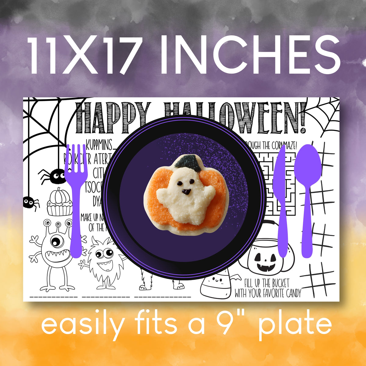 Halloween-themed plate liner or placemat with a black-and-white spooky print, shown with a purple plate and a small ghost-shaped candy centered on it. Large text reads '11X17 INCHES' and 'easily fits a 9" plate'.