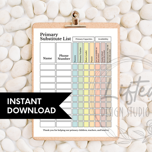 Colorful Primary Substitute List Printable