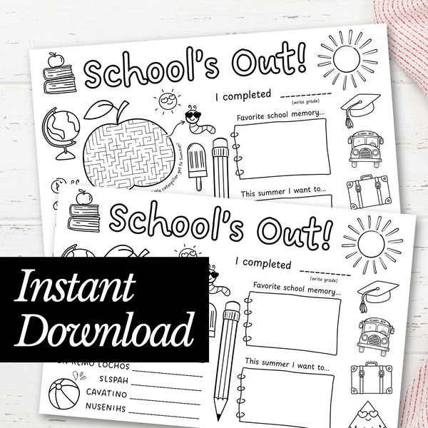Free School's Out Coloring Page Placemat Instant Download Printology