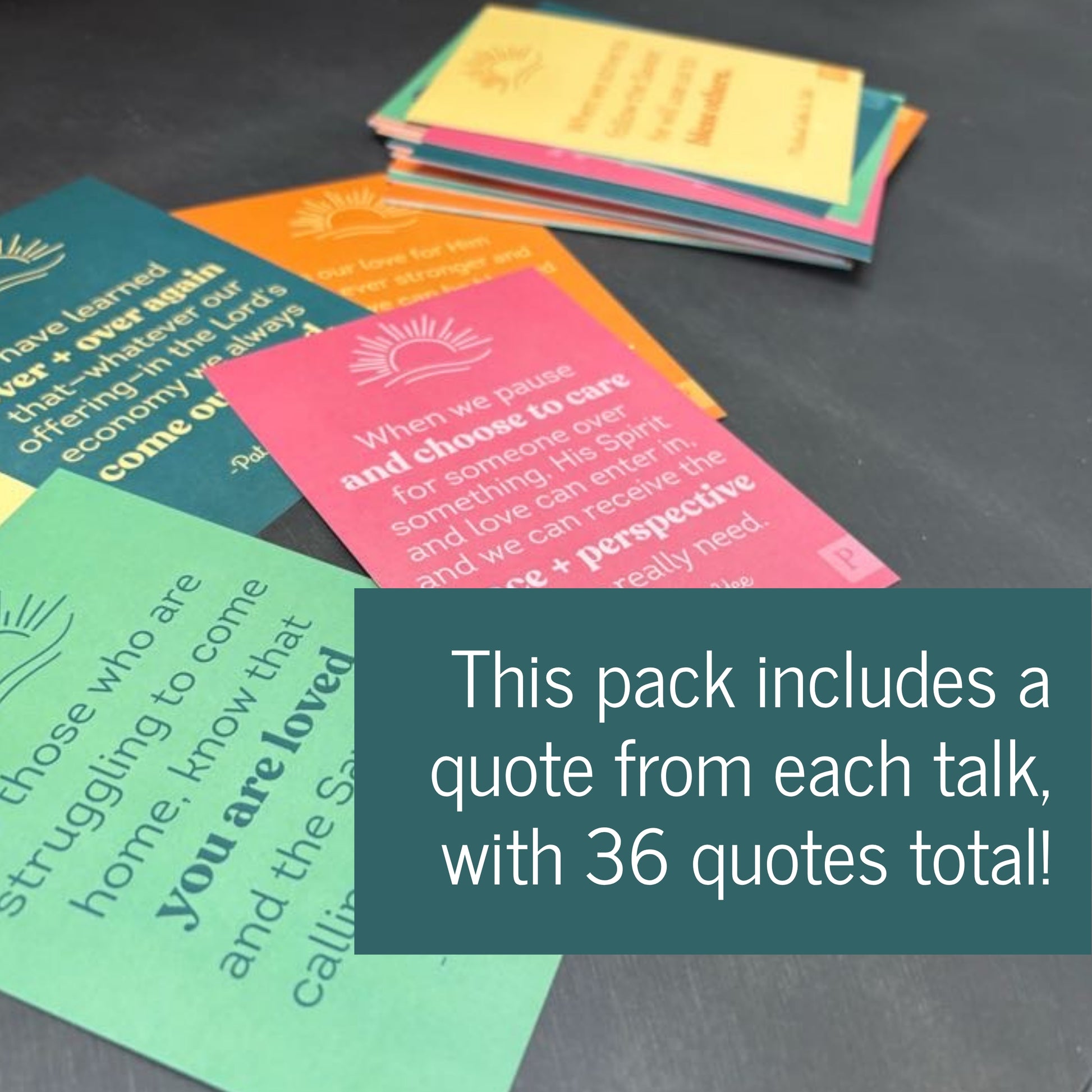 Colorful inspirational, religou quote cards with quotes on a dark surface, text overlay about 36 quotes in total.