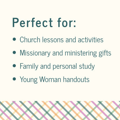 Text listing uses for a product on a white background with a colorful plaid pattern at the bottom. Chruch Lessons and activities | Missionary and ministering gifts | Family and personal study | Young Woman handouts