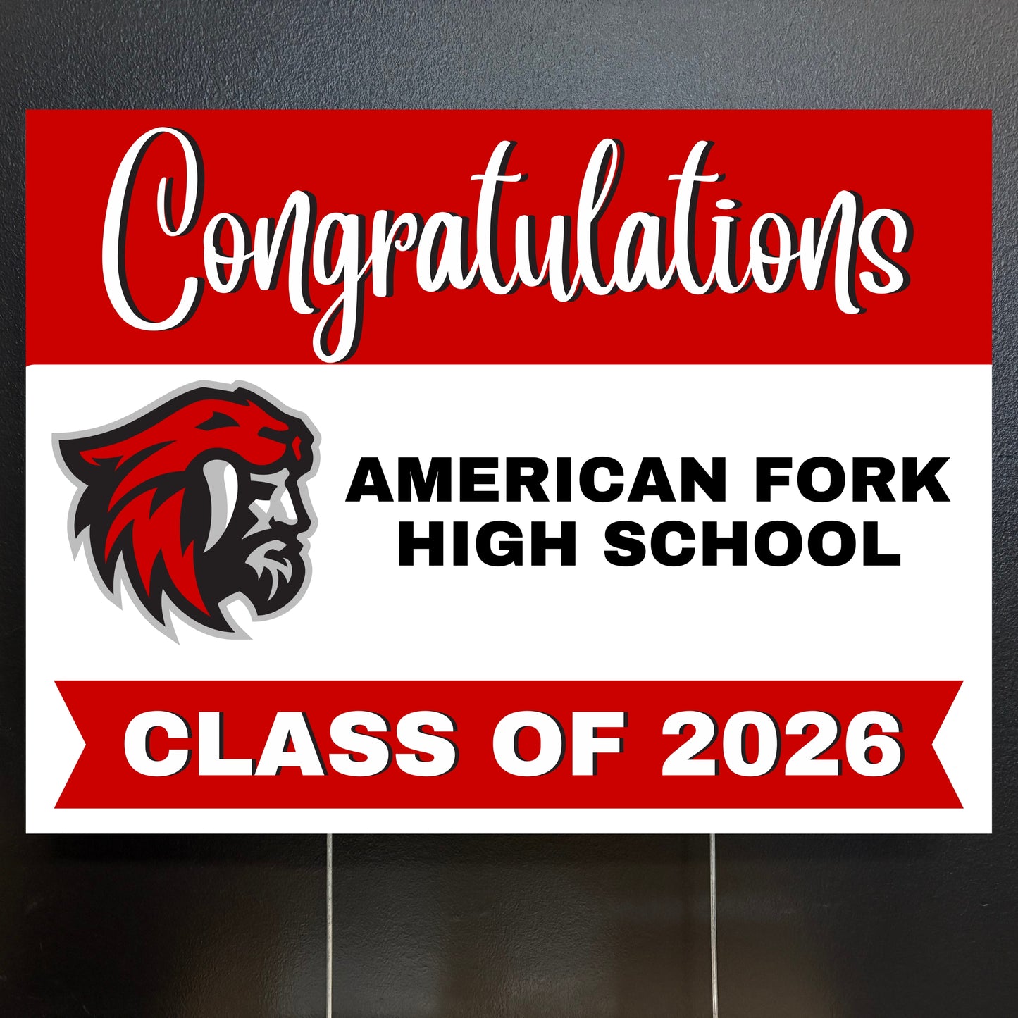 Graduation yard sign for American Fork High School Class of 2026 with school logo.