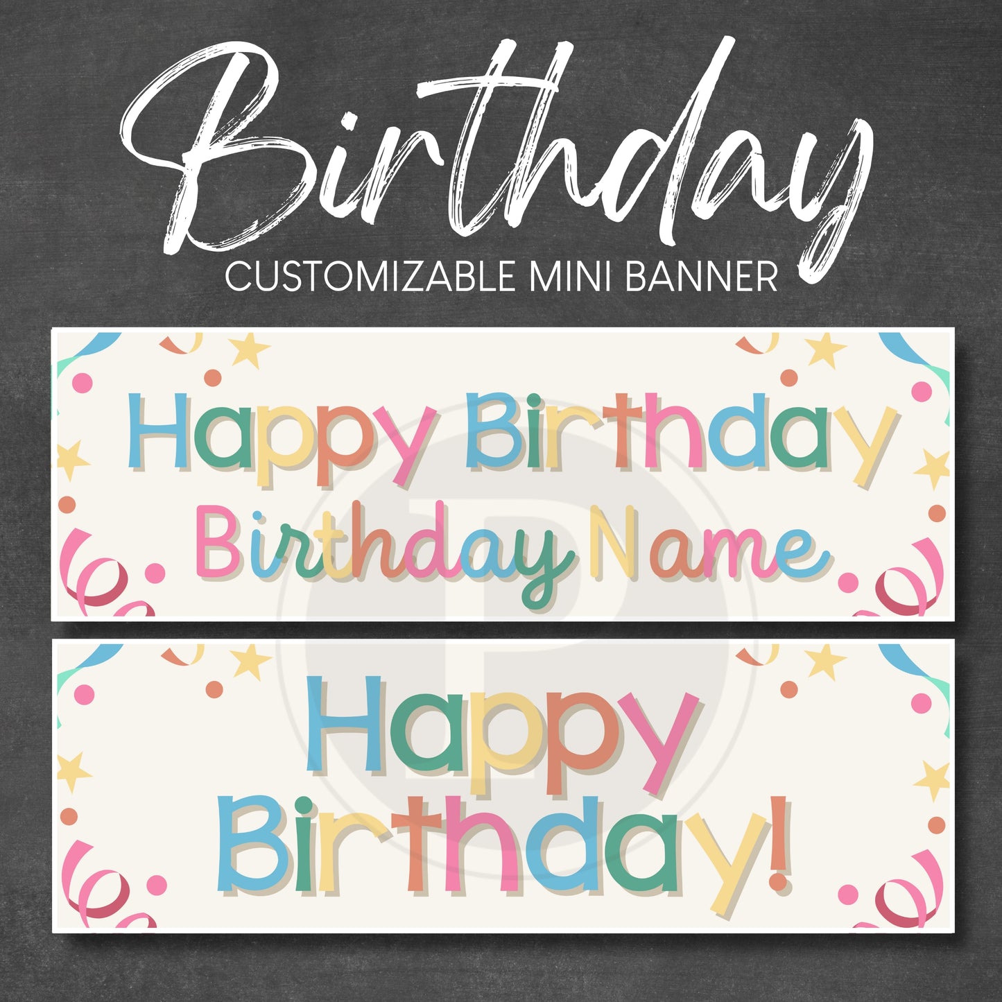 Customizable colorful birthday banner with colorful text on a dark background