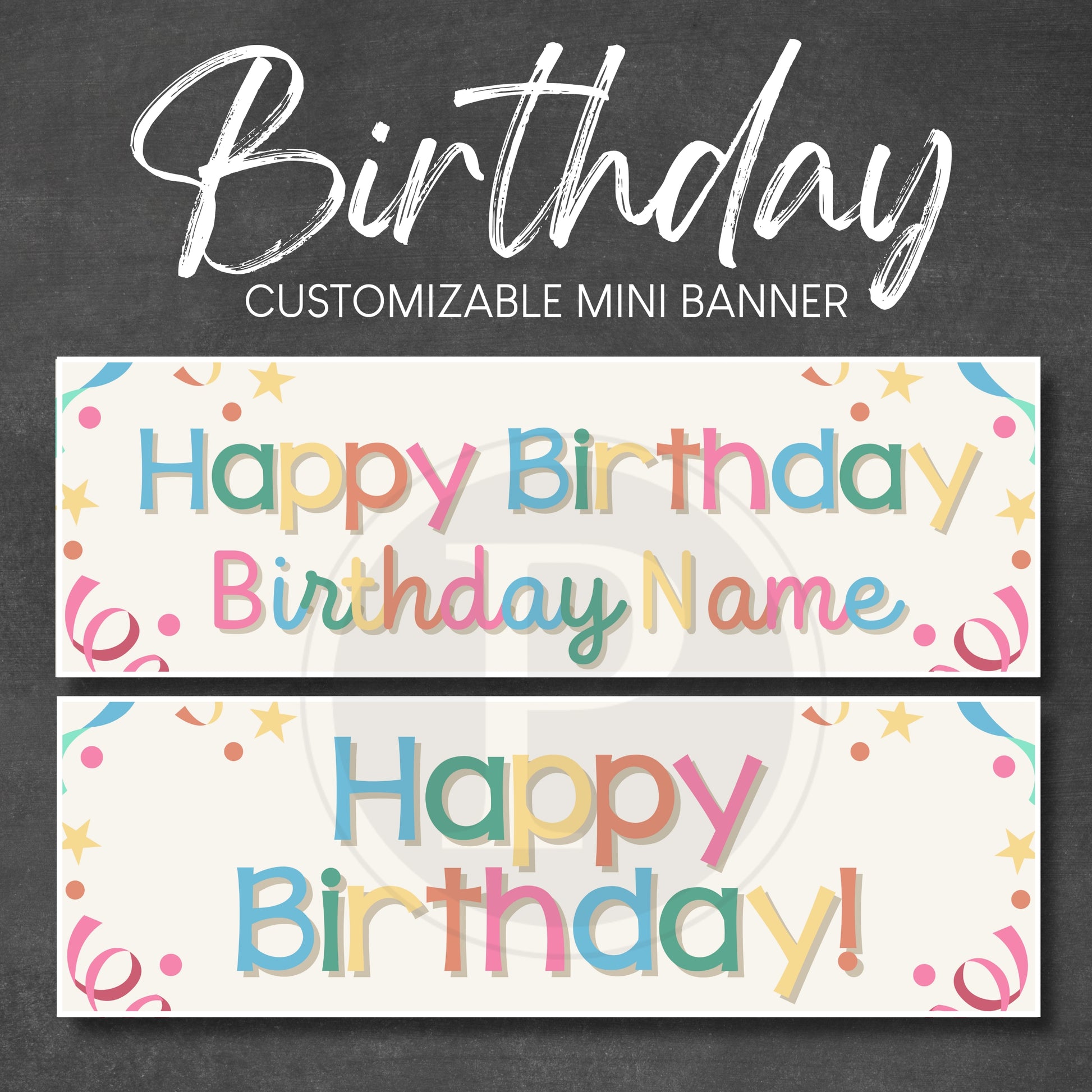 Customizable colorful birthday banner with colorful text on a dark background