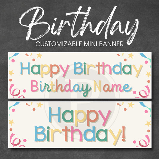 Customizable colorful birthday banner with colorful text on a dark background