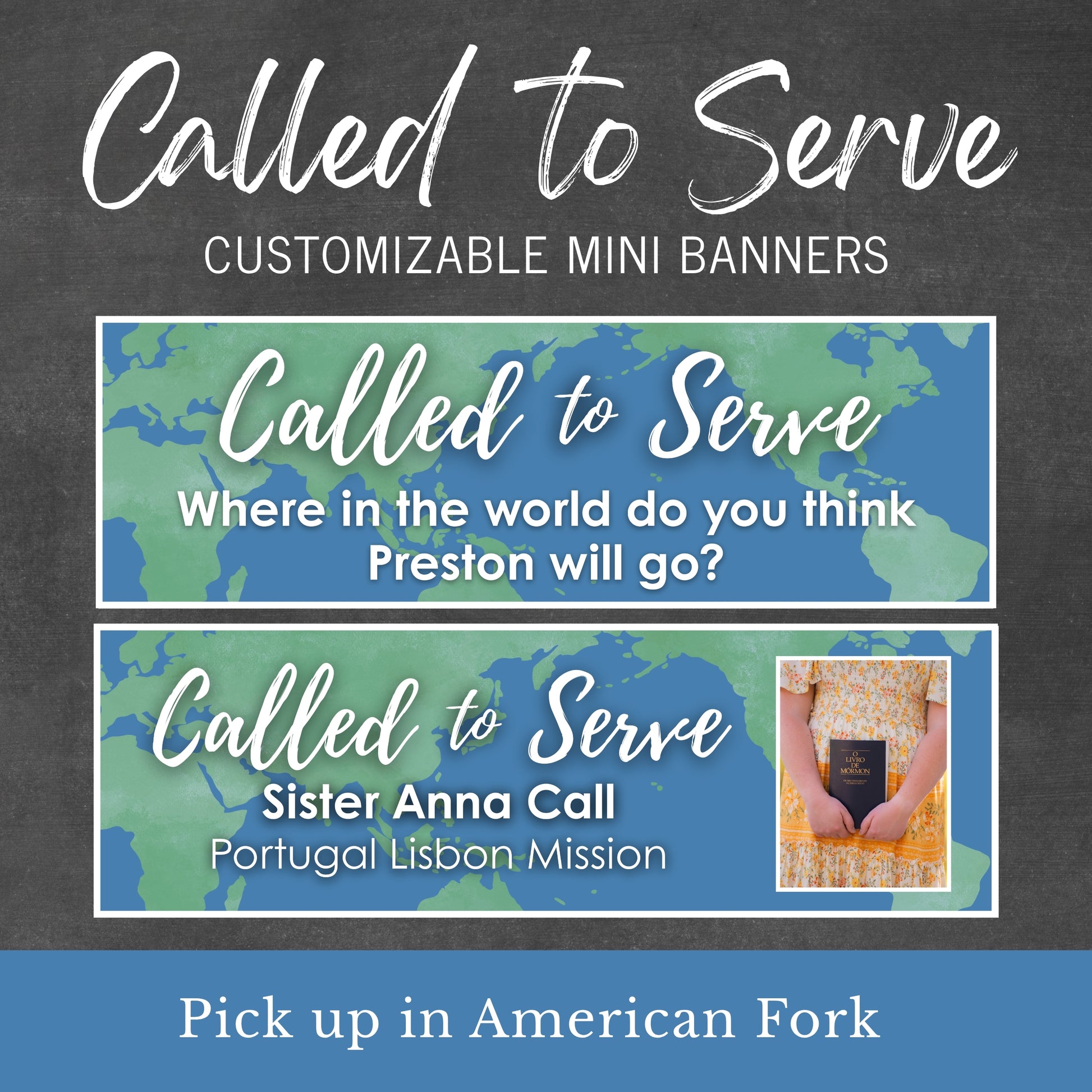 Customizable mini banner design with 'Called to Serve' text and world map background. Pick up available in American Fork, UT