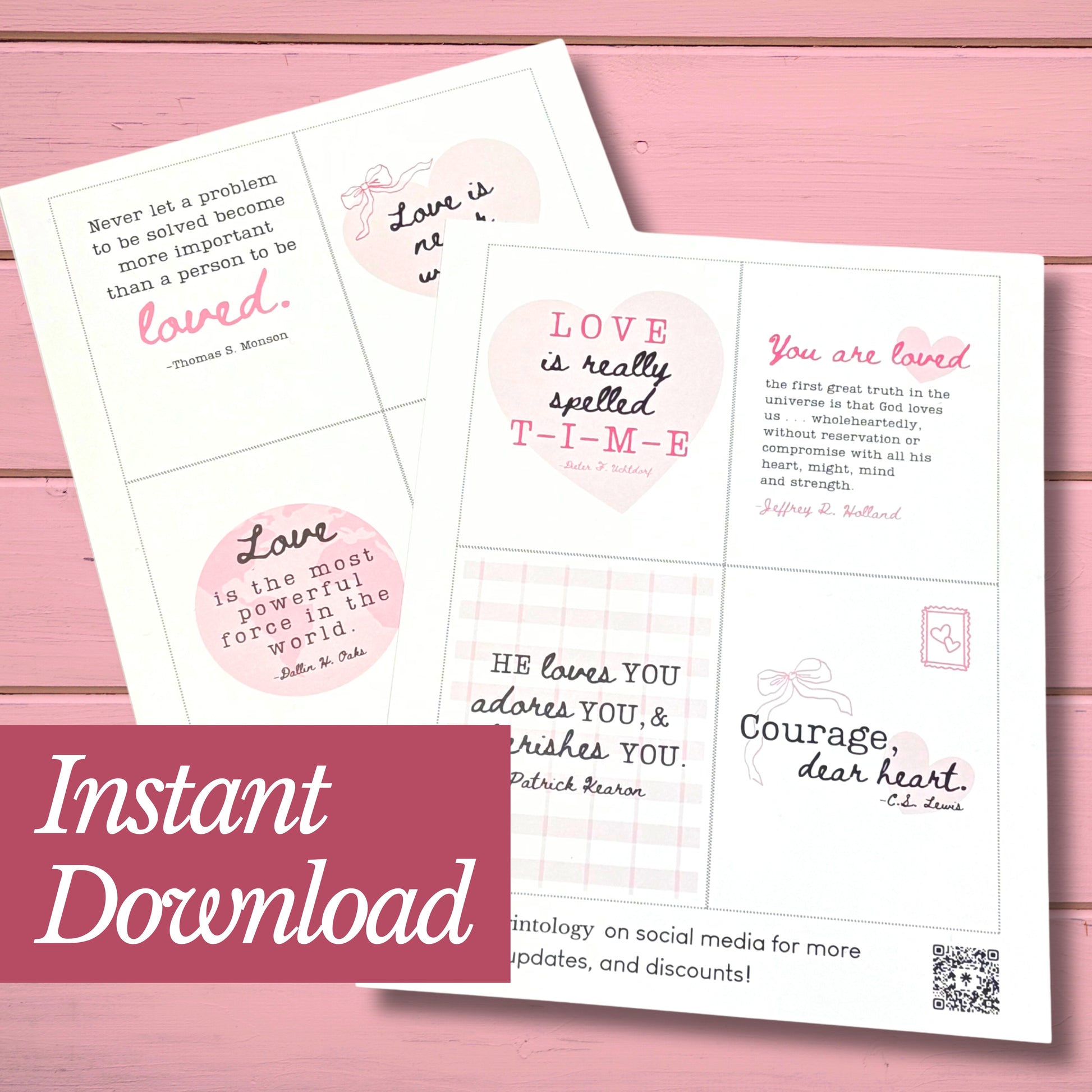 Set of motivational Valentine cards with inspirational quotes on a pink wooden surface. Free printable