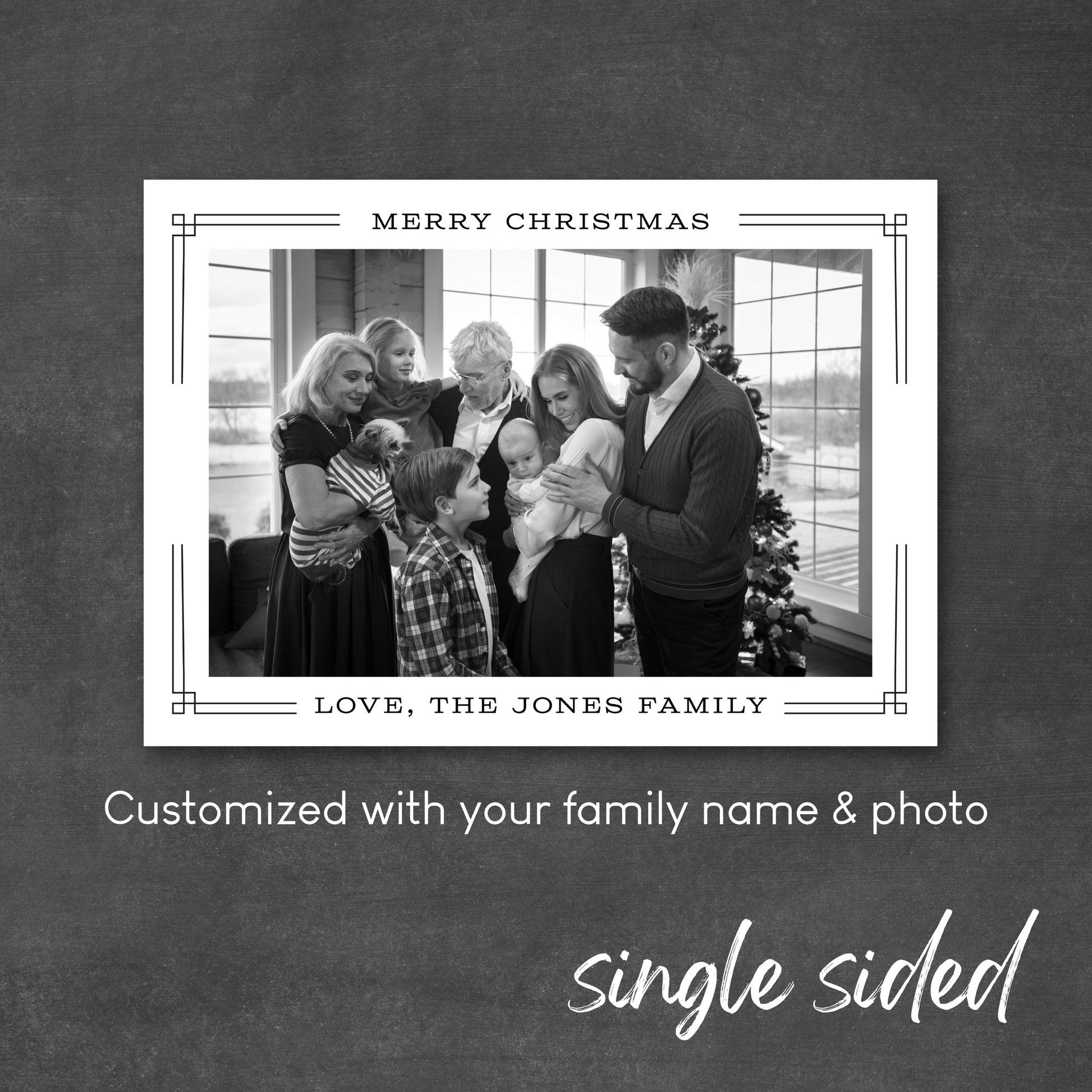 Customizable Christmas card with family photo and text on a dark background