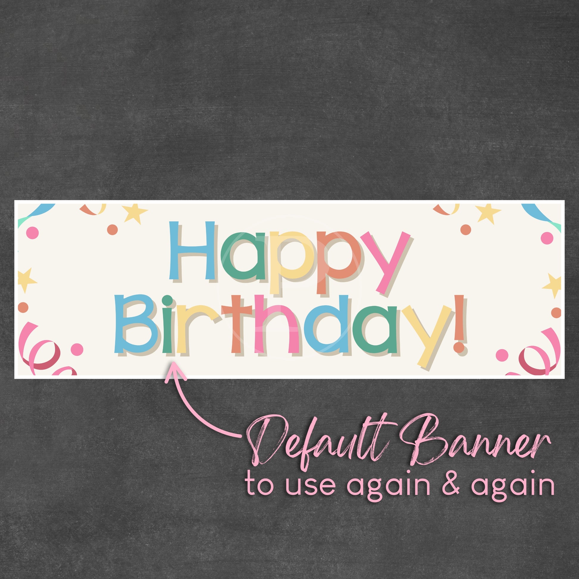 Colorful 'Happy Birthday!' banner on a dark background with text overlay. Design by Printology.