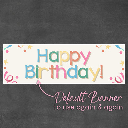 Colorful 'Happy Birthday!' banner on a dark background with text overlay. Design by Printology.