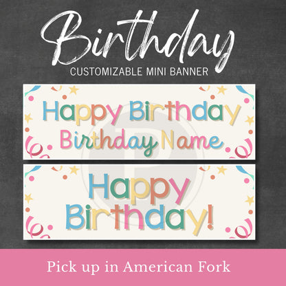 Customizable birthday banner with colorful text on a dark background