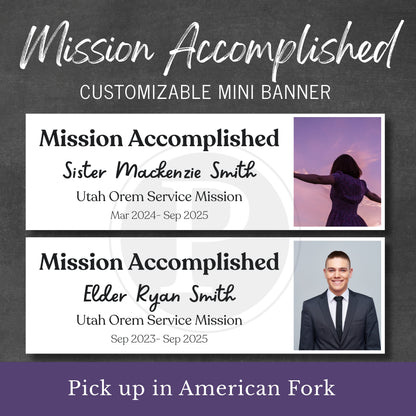 Customizable mini banner for mission accomplished with names and dates on a dark background