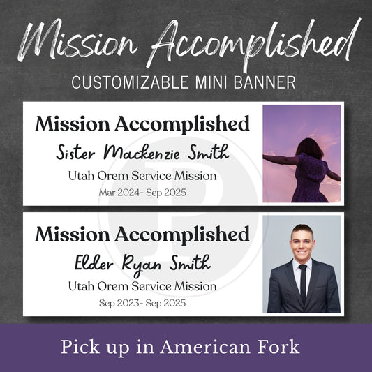 Customizable mini banner for mission accomplished with names and dates on a dark background