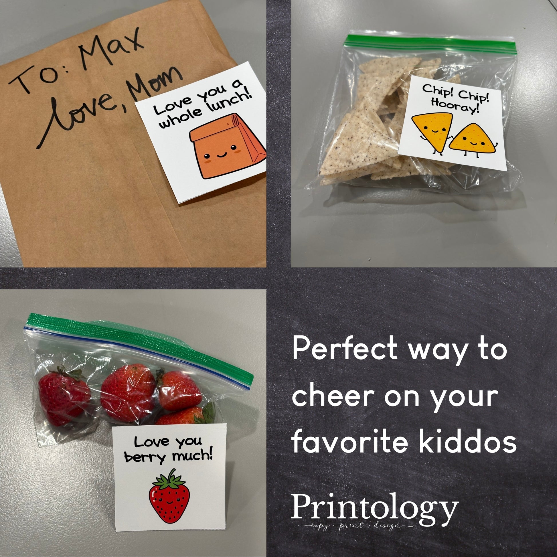 Collage of lunchbox notes and snacks with Printology branding