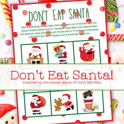 Dash away into a game of guessing and fun with Don't Eat Santa. This game is perfect for family Christmas parties. Available for shipping or pick up at Printology. Printable PDF digital download also available! 