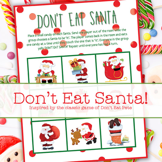 Dash away into a game of guessing and fun with Don't Eat Santa. This game is perfect for family Christmas parties. Available for shipping or pick up at Printology. Printable PDF digital download also available! 