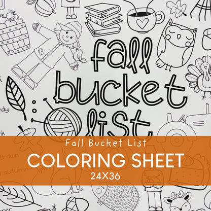 A digital preview of a 'Fall Bucket List' coloring sheet featuring black and white line art illustrations of autumn elements like an owl, turkey, leaves, and books, with a prominent orange banner displaying the text 'Fall Bucket List Coloring Sheet 24X36'.