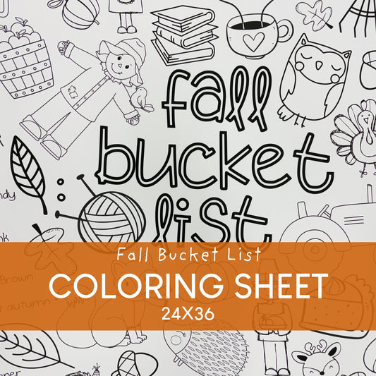 A digital preview of a 'Fall Bucket List' coloring sheet featuring black and white line art illustrations of autumn elements like an owl, turkey, leaves, and books, with a prominent orange banner displaying the text 'Fall Bucket List Coloring Sheet 24X36'.
