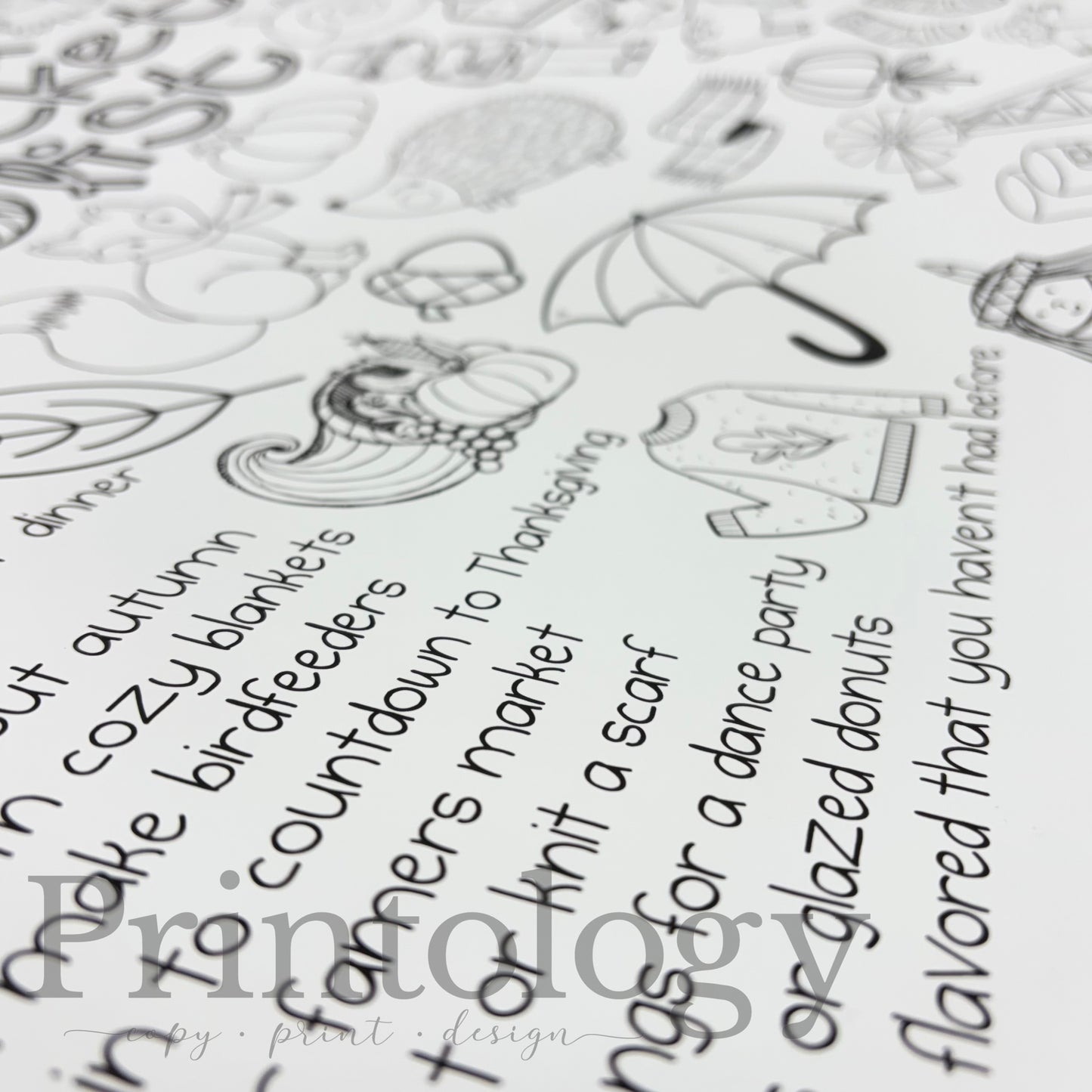 A close-up of a black-and-white printable planner page filled with doodles and handwritten text, with a large semi-transparent 'Printology' watermark across the lower portion.