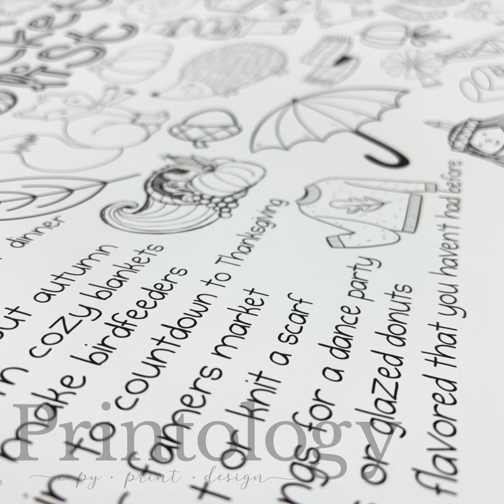 A close-up of a black-and-white printable planner page filled with doodles and handwritten text, with a large semi-transparent 'Printology' watermark across the lower portion.