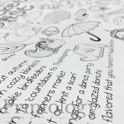 A close-up of a black-and-white printable planner page filled with doodles and handwritten text, with a large semi-transparent 'Printology' watermark across the lower portion.