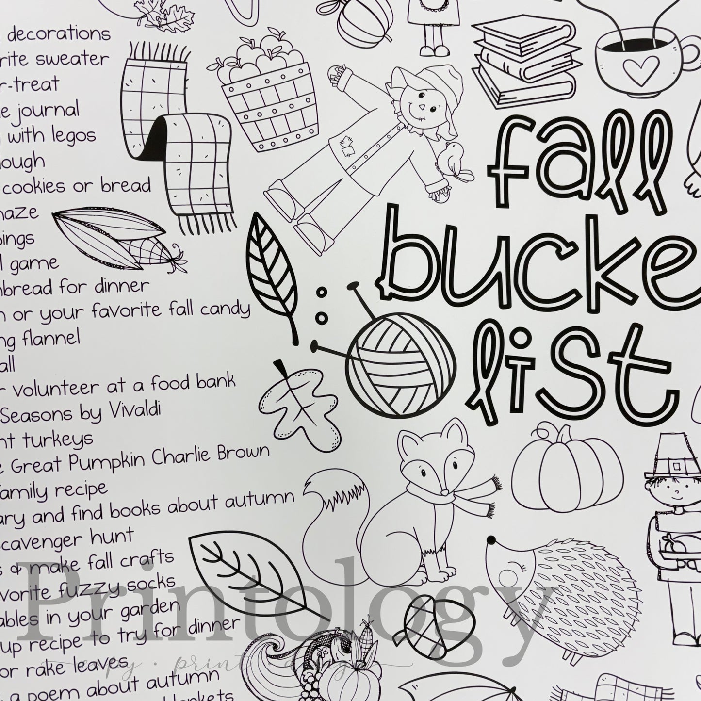 A black and white printable autumn-themed 'fall bucket list' planner page featuring hand-drawn illustrations of a child, leaves, a fox, a pumpkin, a witch, and seasonal doodles alongside text prompts.