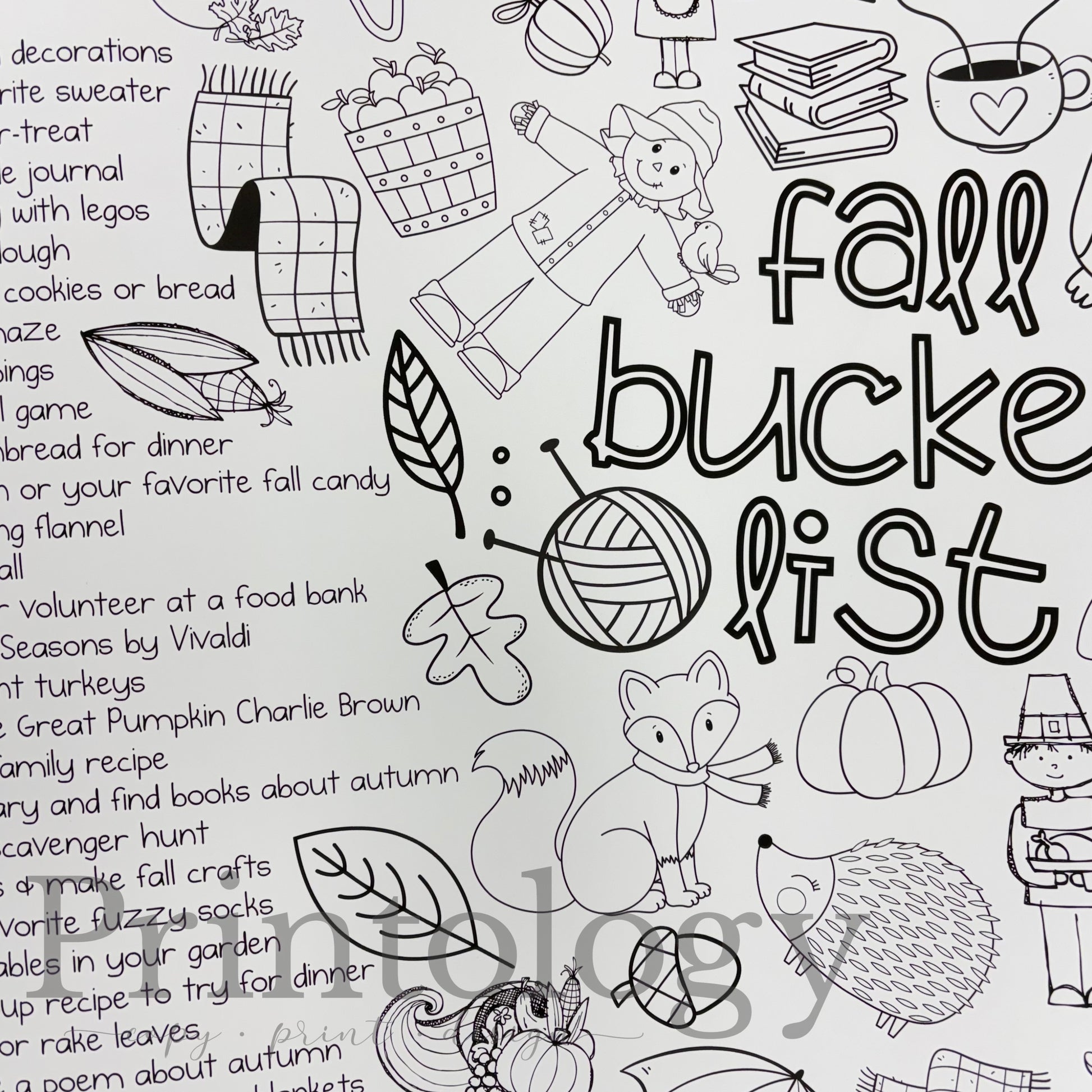 A black and white printable autumn-themed 'fall bucket list' planner page featuring hand-drawn illustrations of a child, leaves, a fox, a pumpkin, a witch, and seasonal doodles alongside text prompts.