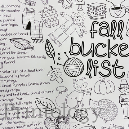 A black and white printable autumn-themed 'fall bucket list' planner page featuring hand-drawn illustrations of a child, leaves, a fox, a pumpkin, a witch, and seasonal doodles alongside text prompts.