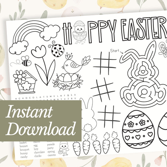 Instant Download Coloring sheet with Easter-themed activities and 'Happy Easter' text on a white background.