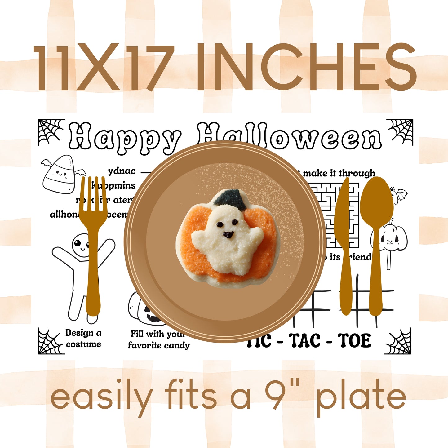 Halloween-themed placemat with ghost design, cutlery illustrations, and text on a striped background.