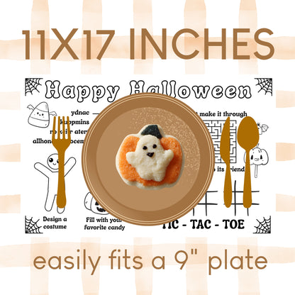 Halloween-themed placemat with ghost design, cutlery illustrations, and text on a striped background.