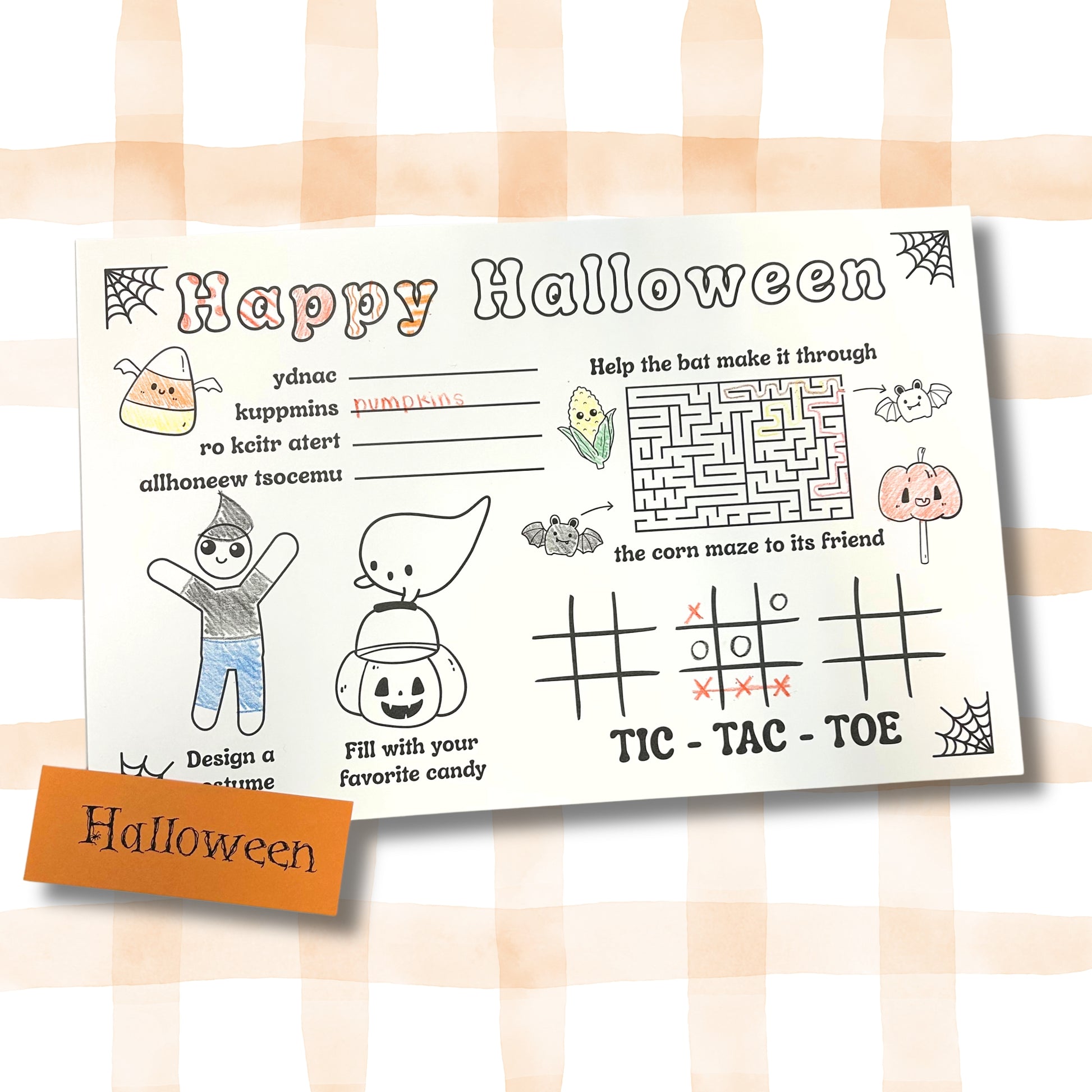 Halloween-themed activity sheet with maze, tic-tac-toe, and other games on a checkered background.