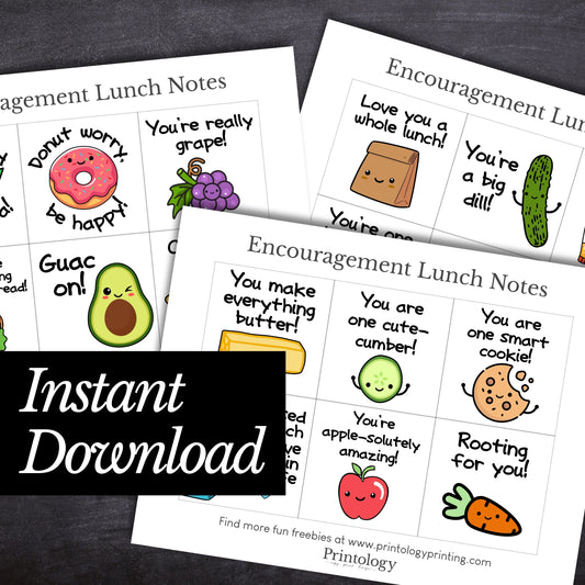 Encouragement lunch notes with cartoon food characters on a dark surface, featuring 'Instant Download' text.