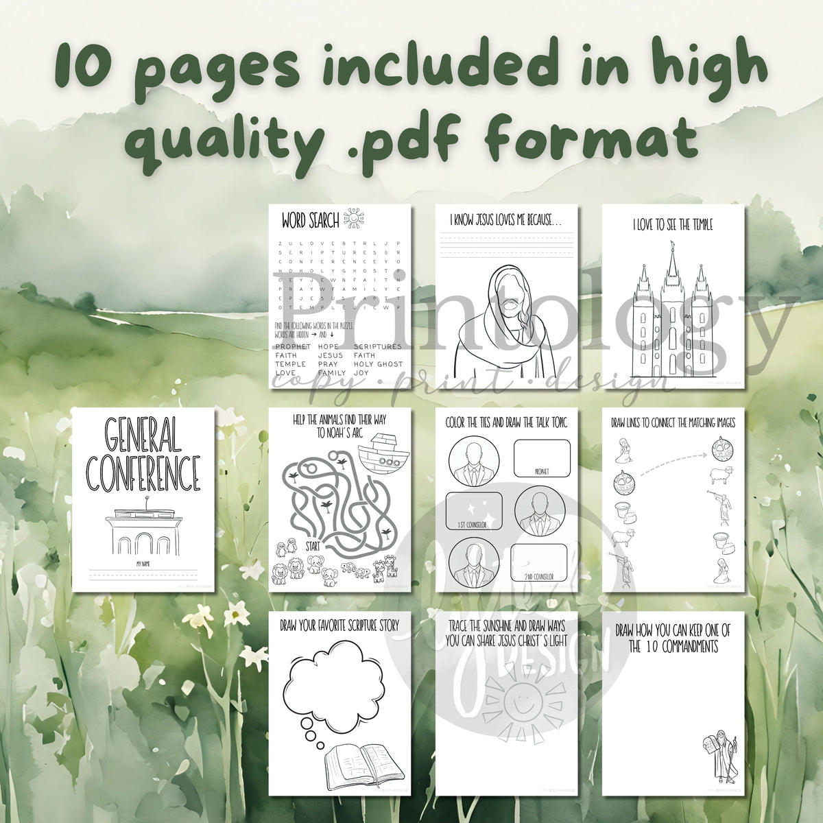 Latter-Day Saint General Conference activity packet including Word Search, maze, matching images 