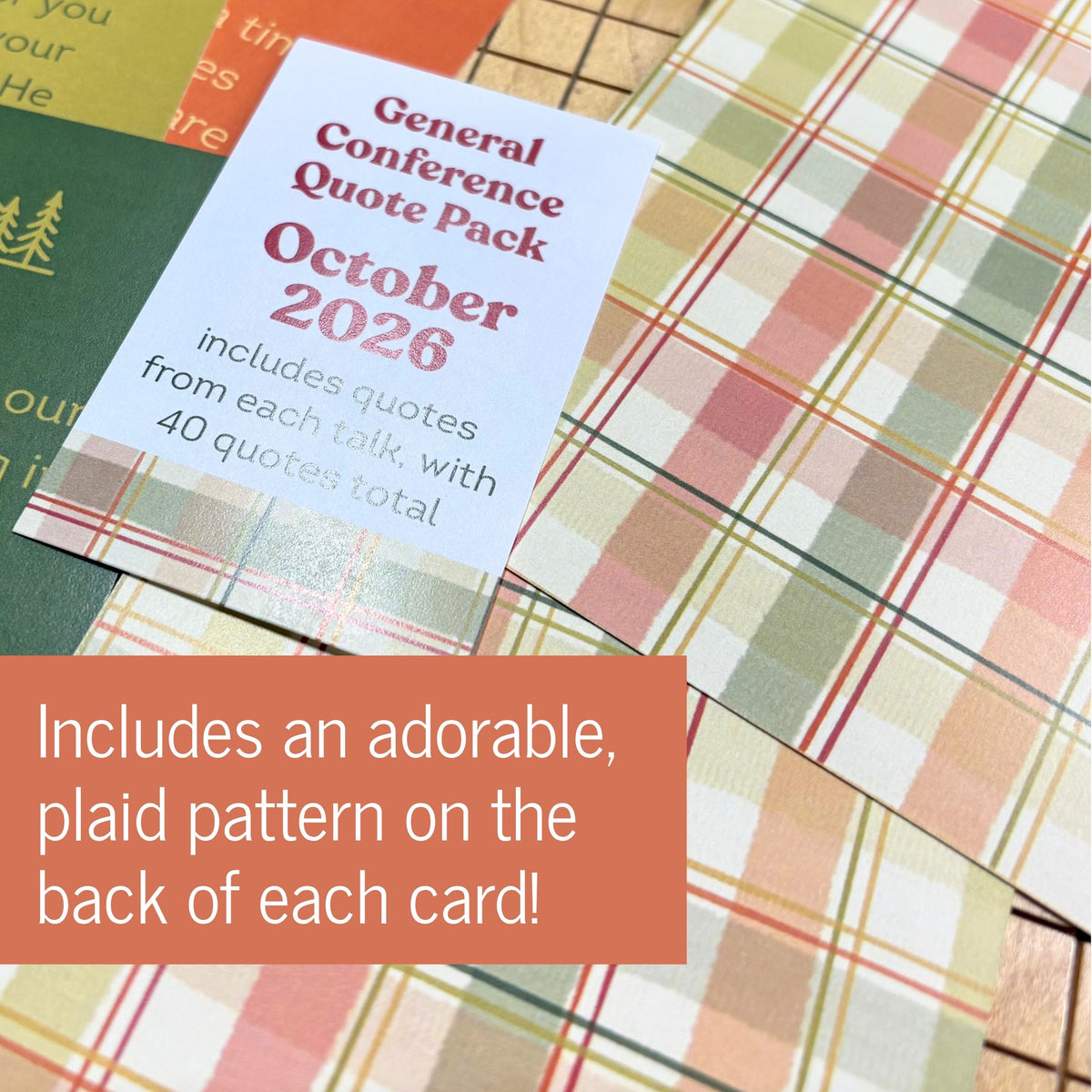 A product card for a 'General Conference Quote Pack October 2026' placed on top of several plaid quote cards. The cards feature a soft plaid pattern in peach, green, beige, and white.