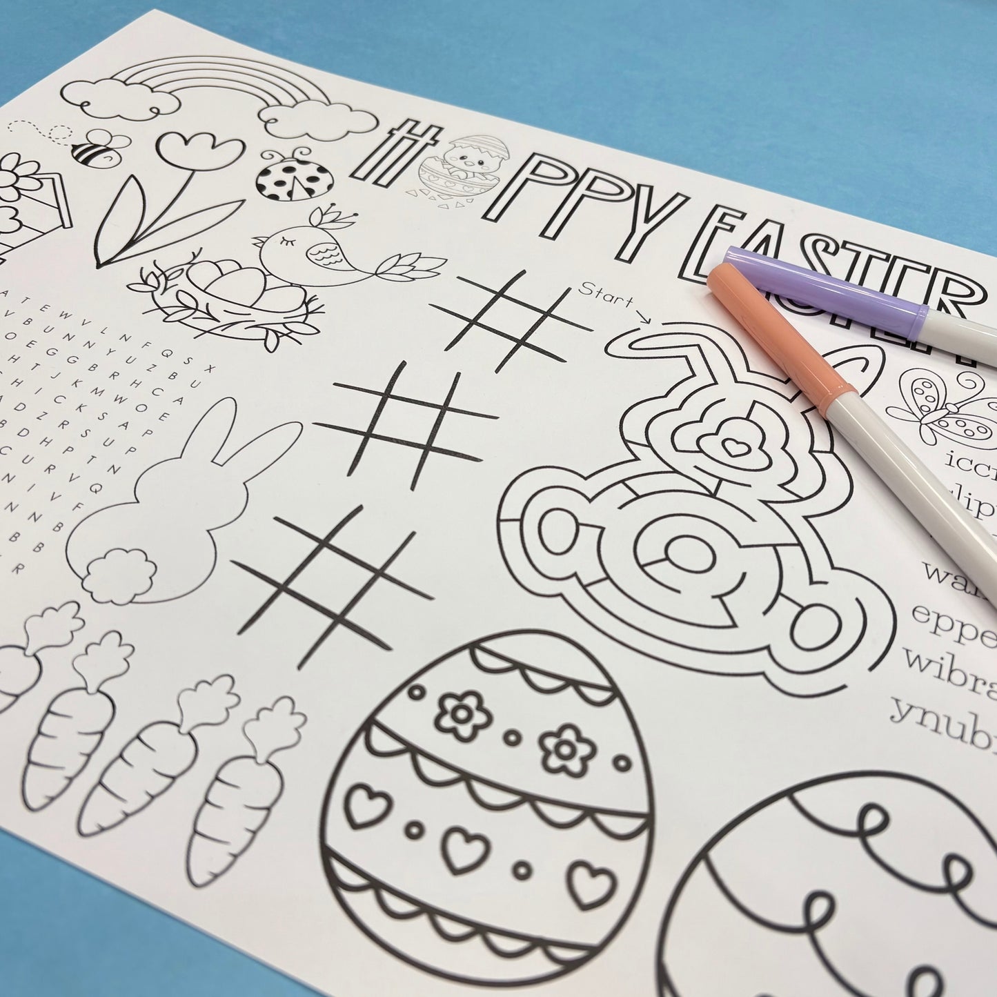 Coloring page with Easter-themed activities on a blue background