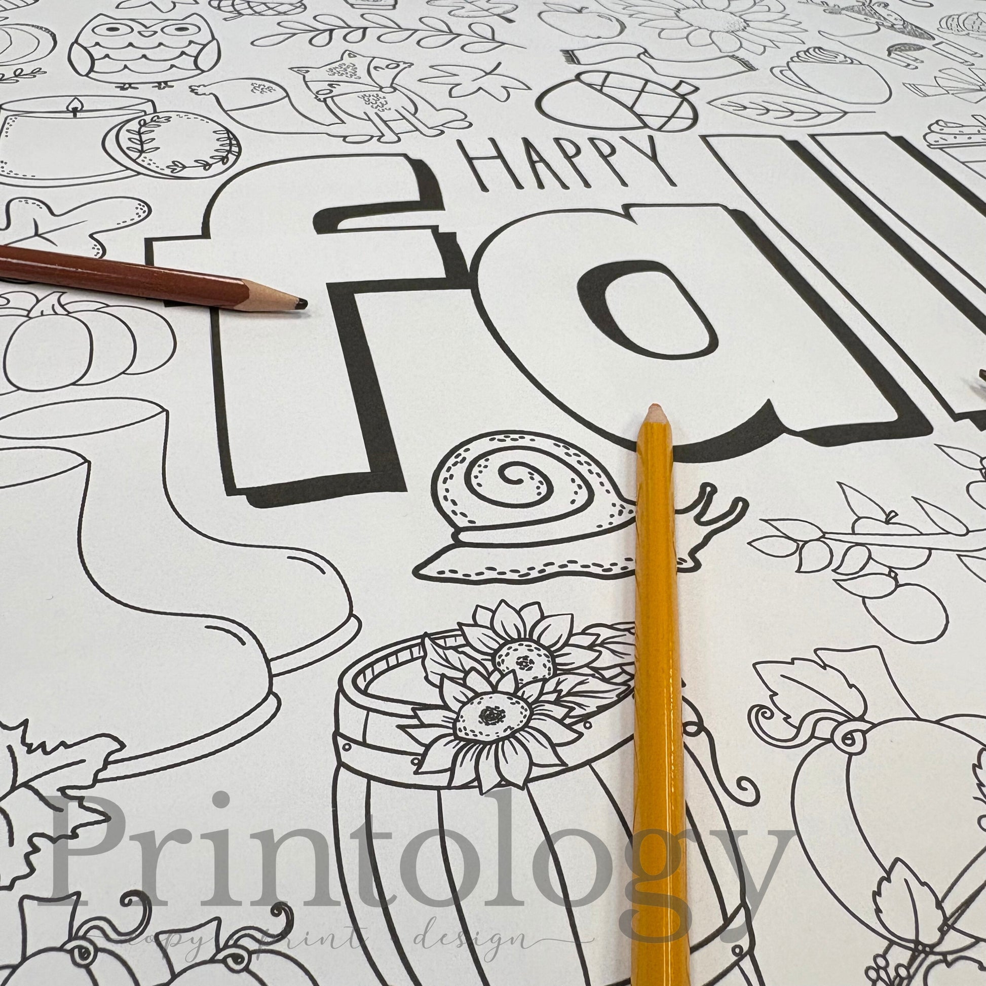 Coloring page with 'Happy Fall' text and autumnal illustrations including: a snail, scarf, adorable fox, owl, candle, pumpkins, hot cocoa, a sunflower, a barrel, and fall leaves.