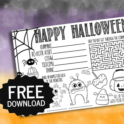 A Halloween printable worksheet card with black-and-white monster-themed illustrations and text, shown over a purple-to-orange gradient background with a black 'FREE DOWNLOAD' badge.