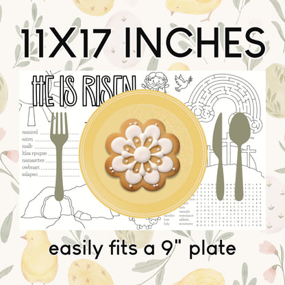 11x17 He is Risen Coloring Sheet placemat with plate on top.