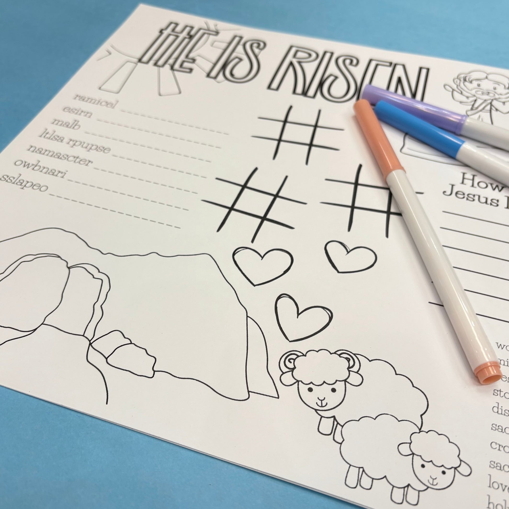 Coloring sheet with Easter-themed activities on a blue background