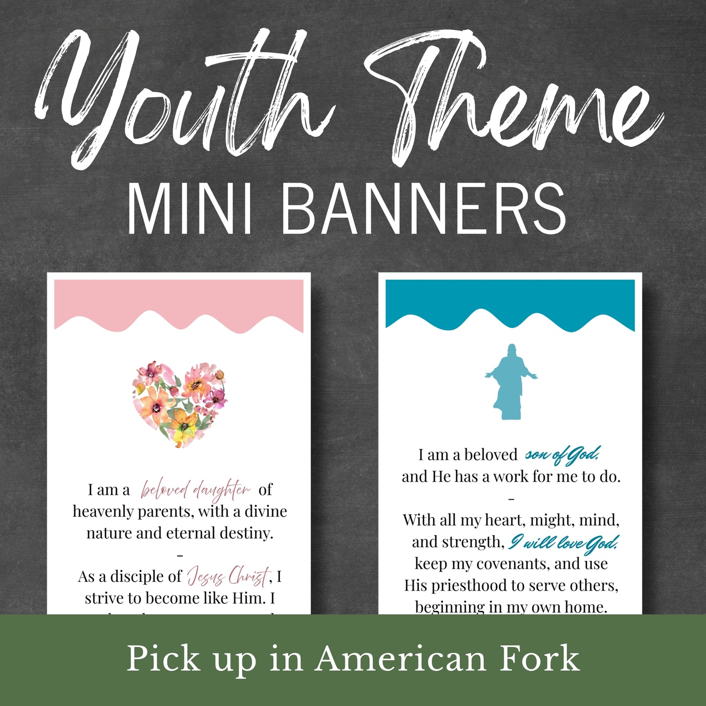 Young Women and Young Men Youth themes mini banners with text and graphics on a dark background. Avaiable for pick up in Amerincan Fork, Utah.